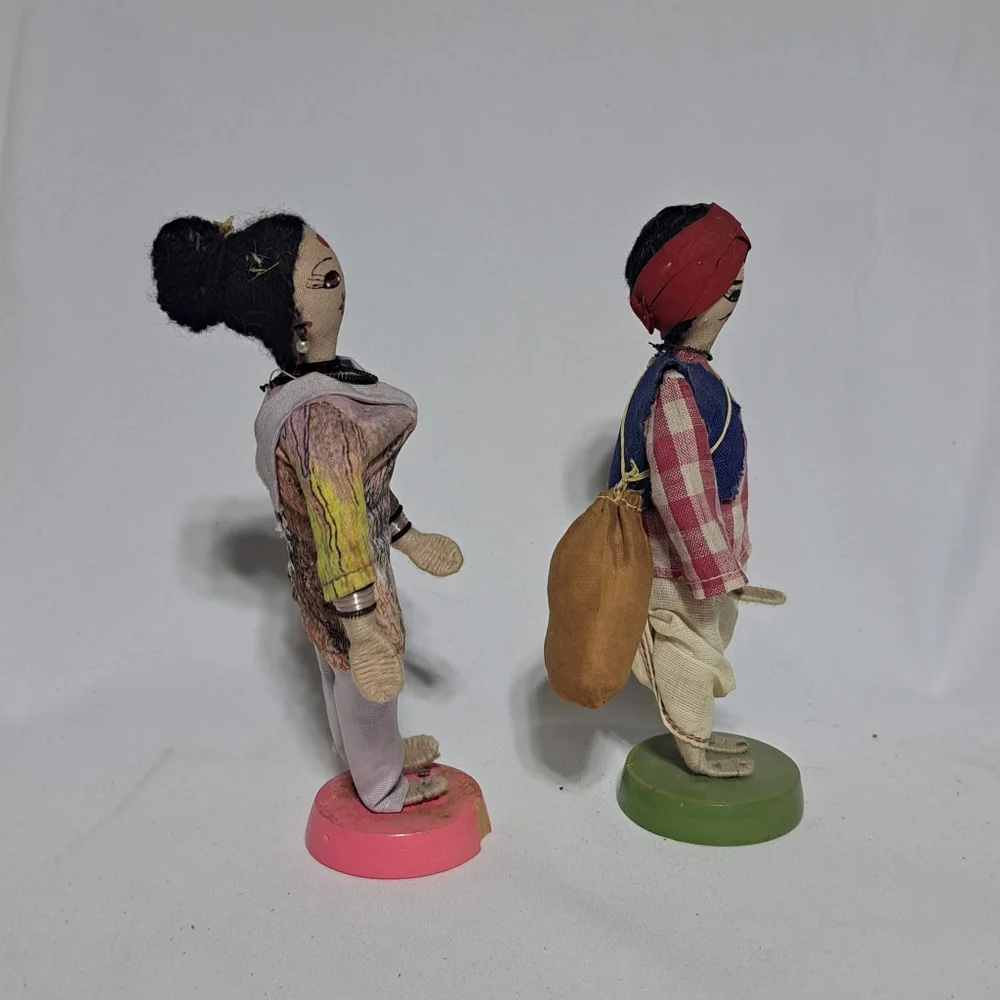 Vintage 1950s Handmade Wooden / Cloth Indian‎ Dolls - Set Of 2